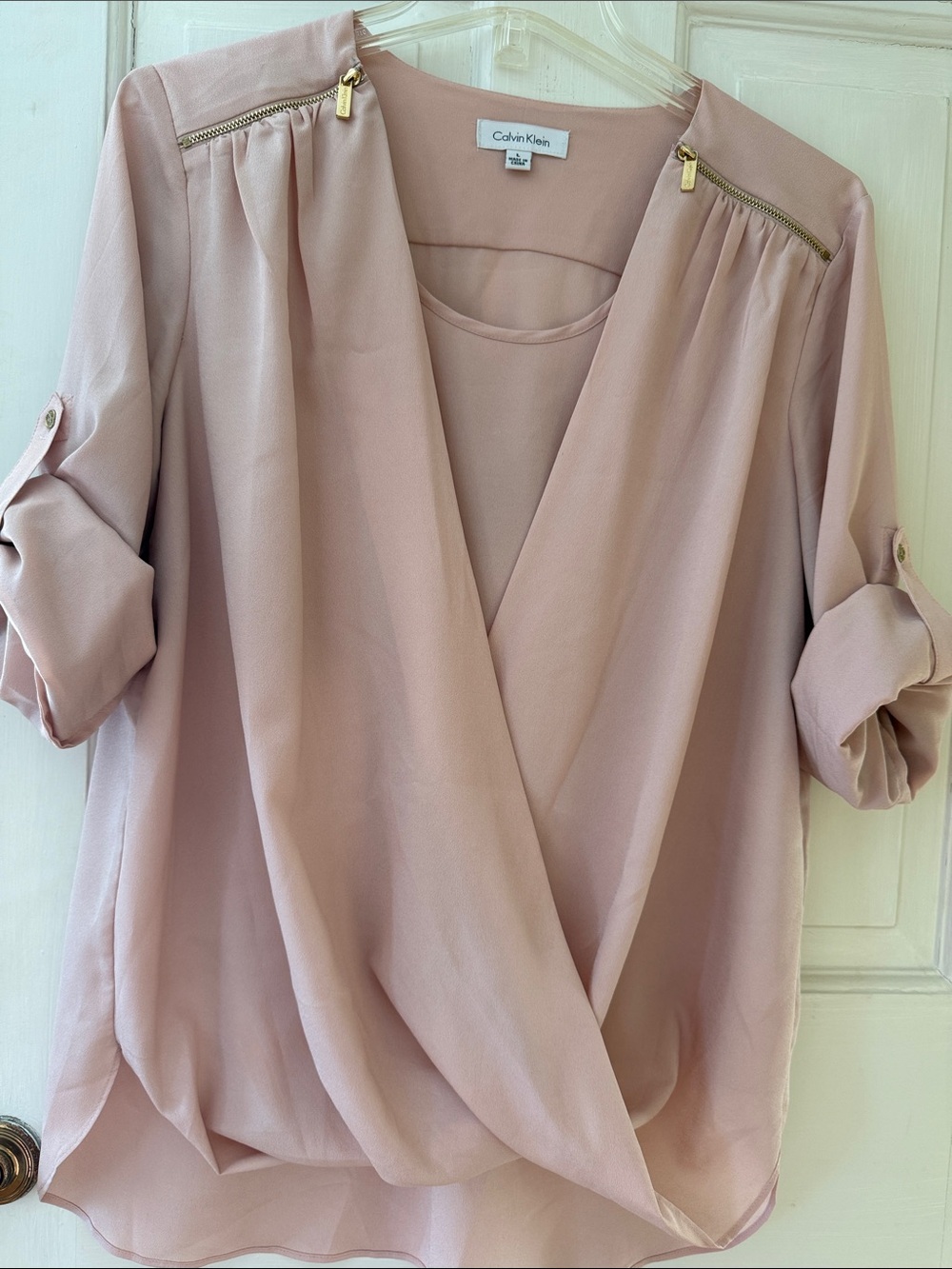 Calvin Klein Blush Pink Faux-Wrap Blouse with Zip Accents